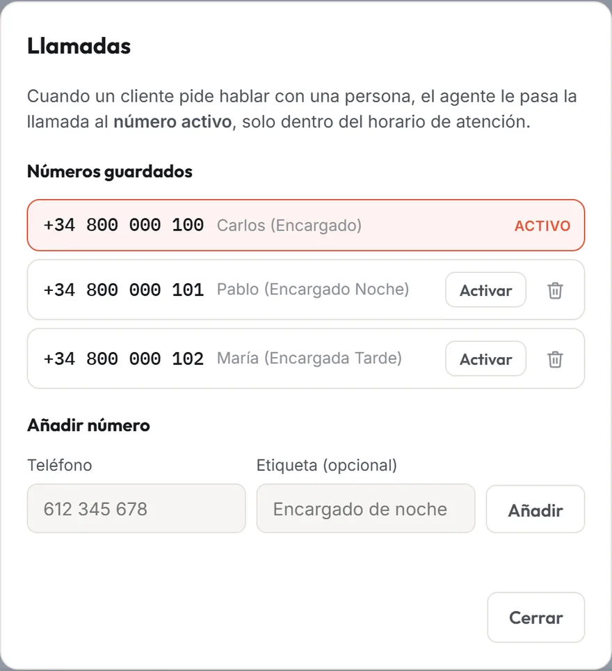 Ventana Llamadas con los teléfonos guardados y el número activo